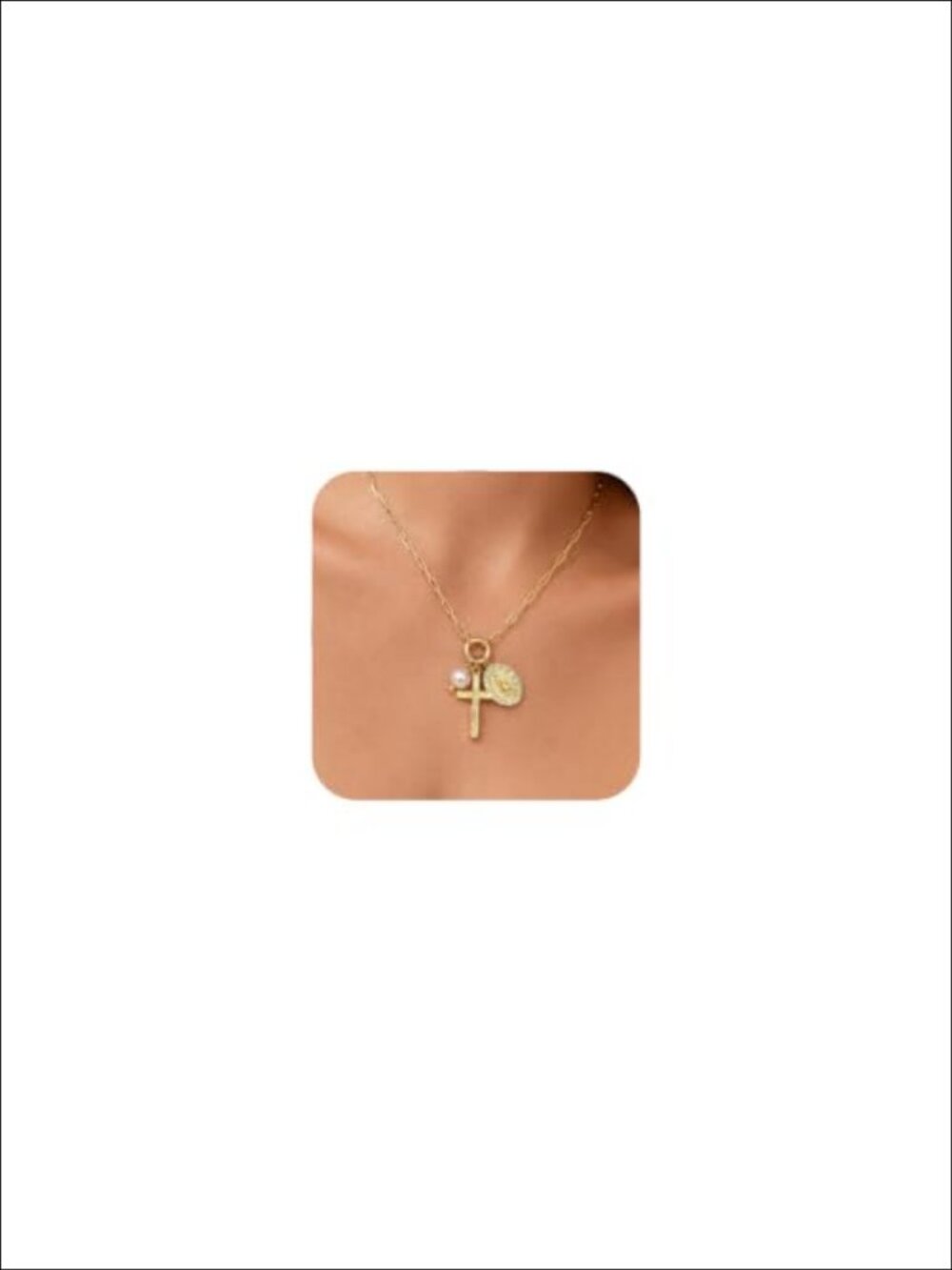 14K Gold Plated Cross Pendant Necklace with Pearl Religious Charm